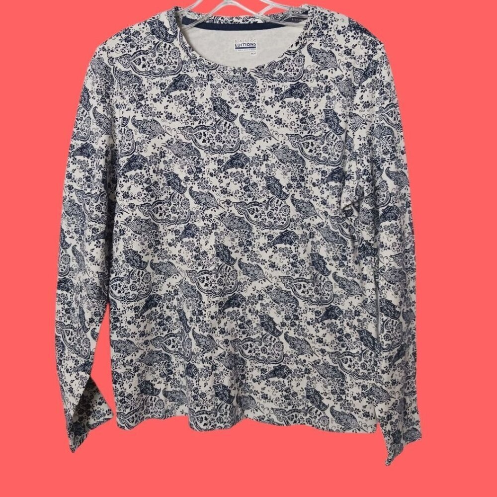 Basic Editions Womens Paisley Print Long Sleeve Shirt  Blue & White Medium